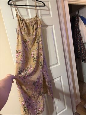 Floral Cowl Neck Slip Dress in Mustard with Pink Blooms